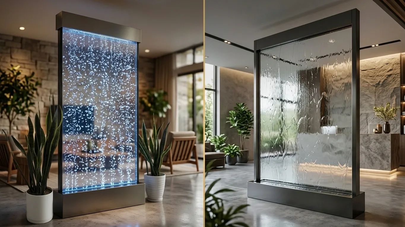 مقایسه آبنمای حبابی و دیوار آبی شیشهای در فضای داخلی مدرن